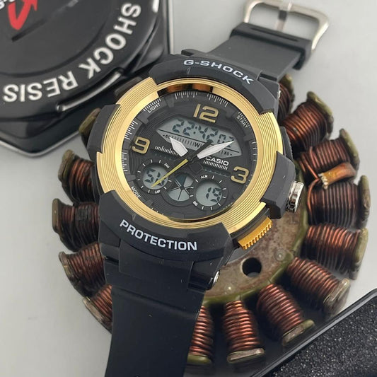 Casio G-Shock Analog Watch Dual Time In Gold Color Black Rubber Strap And Stainless Steel Case Watch For Men -Unisex Fancy look premium quality G-503