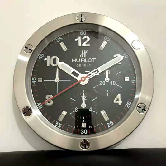 Hublot Wall Clock Black Chronogragh Design Luminous Function Metal Art Wall Clock Black Dial With Metal Silver Case & White Markers Home Decor Wall Clocks Inspired By Big Bang Wall decording Clock- Classy Look Clock For Home D cor Wall HB-WC-712