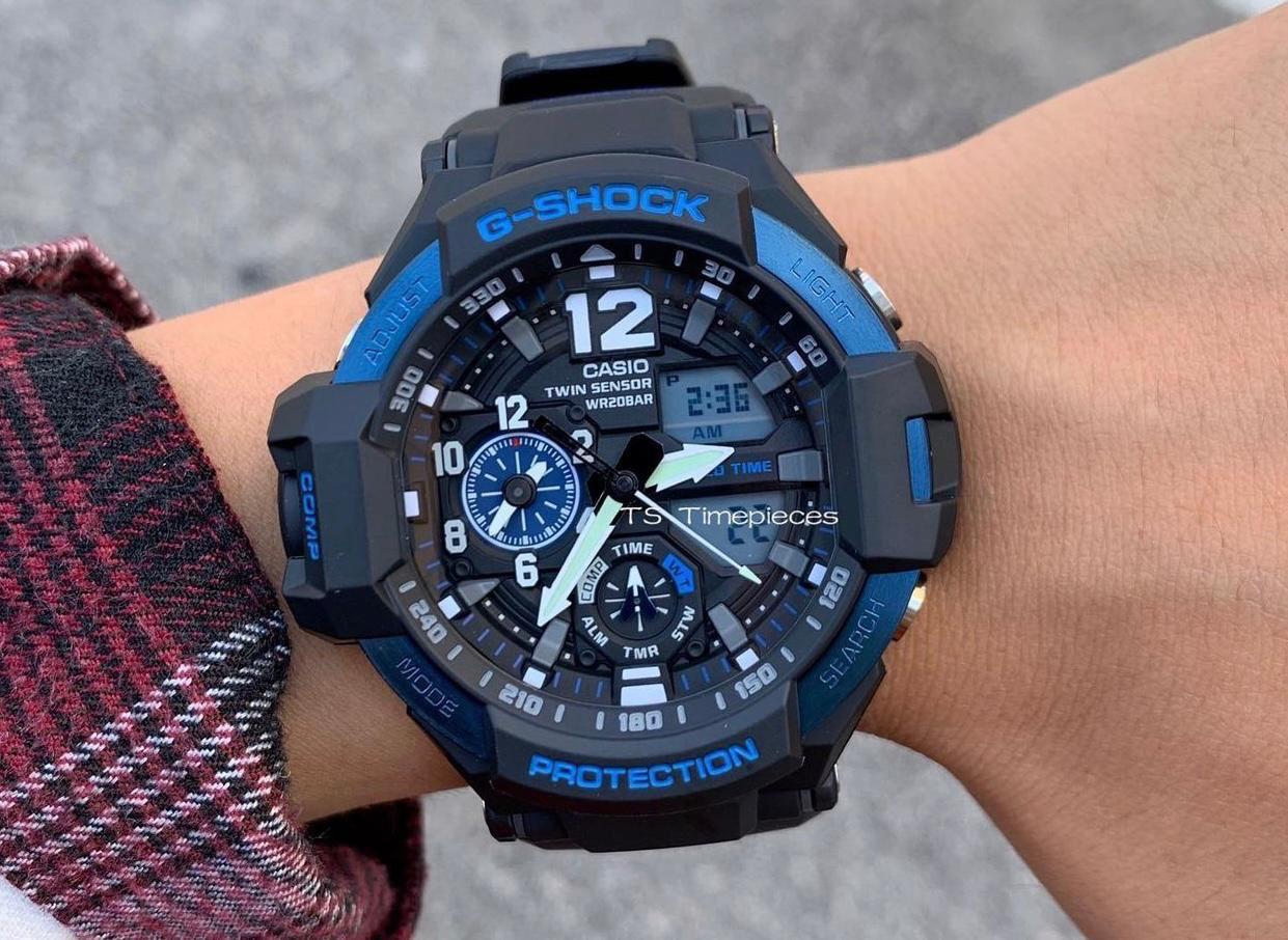 Casio G-Shock Analog RAVITYMASTER Twin Sensor World Time Digital Men Black Analogue and Digital watch With Metal Case Watch For Man Day And Date Gift Watch GA-1100-2B