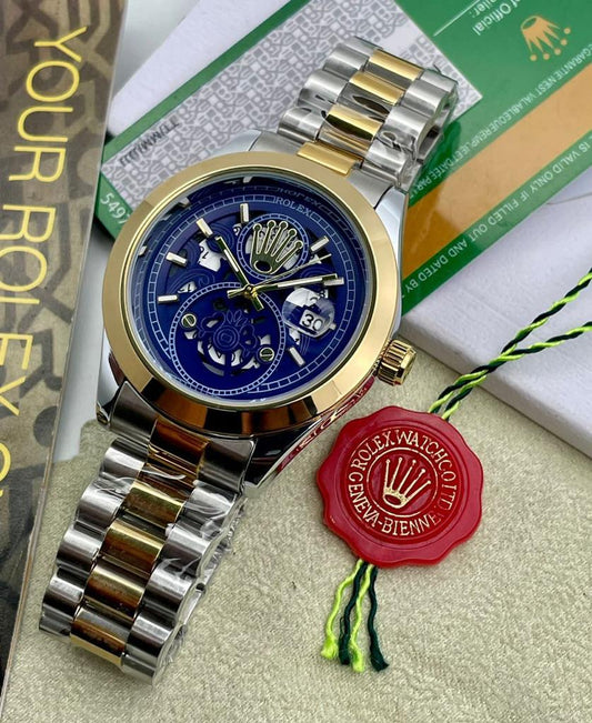 Rolex Analog Royal Deginer Watch- Blue Color Dial Stainless Steel With Gold Color Dated Watch For Men's -Best For Stylist Look- RLX-7903