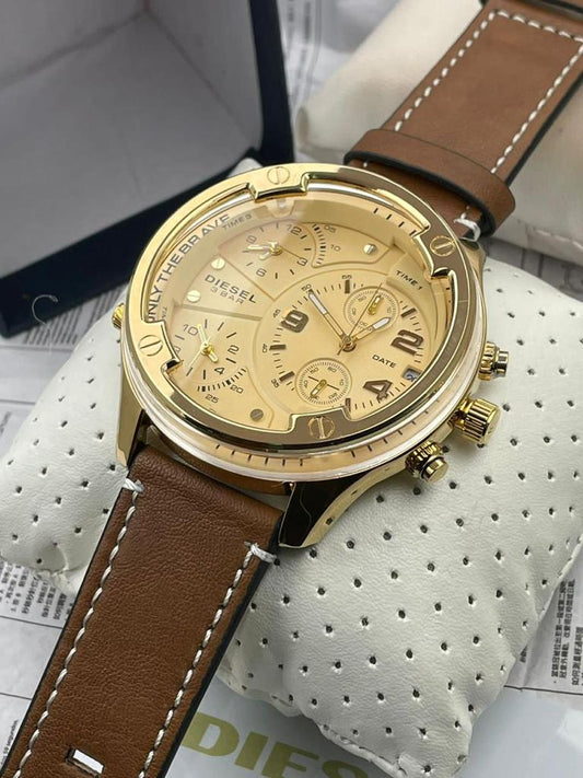 Diesel Chronograph Dated Watch With Brown Color Stainless Steel With Gold Dial With Gold Case Watch Dz-7617 Full black Dial Watch For Men