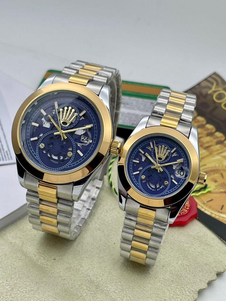 Rolex Analog Royal Deginer Couples Watch- Blue Color Dial Stainless Steel With Gold Color Dated Watch For Couples -Best For Stylist Look For Couples- RLX-CPL-7903