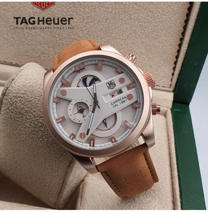 Tagheuer- Grand Carriera TAG-5439-CR7 Rose Gold Chronograph Multi Dial With Rose Gold Metal Case & Leather Strap Men's Watch - Best Formal Look Watch