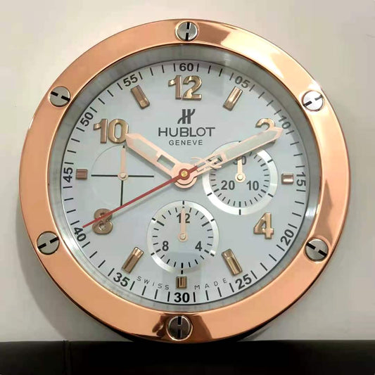 Hublot Wall Clock White Chronogragh Design Luminous Function Metal Art Wall Clock White Dial With Metal Rose Gold Case & Gold Markers Home Decor Wall Clocks Inspired By Fusion Wall decording Clock- Classy Look Clock For Home D cor Wall HB-WC-709