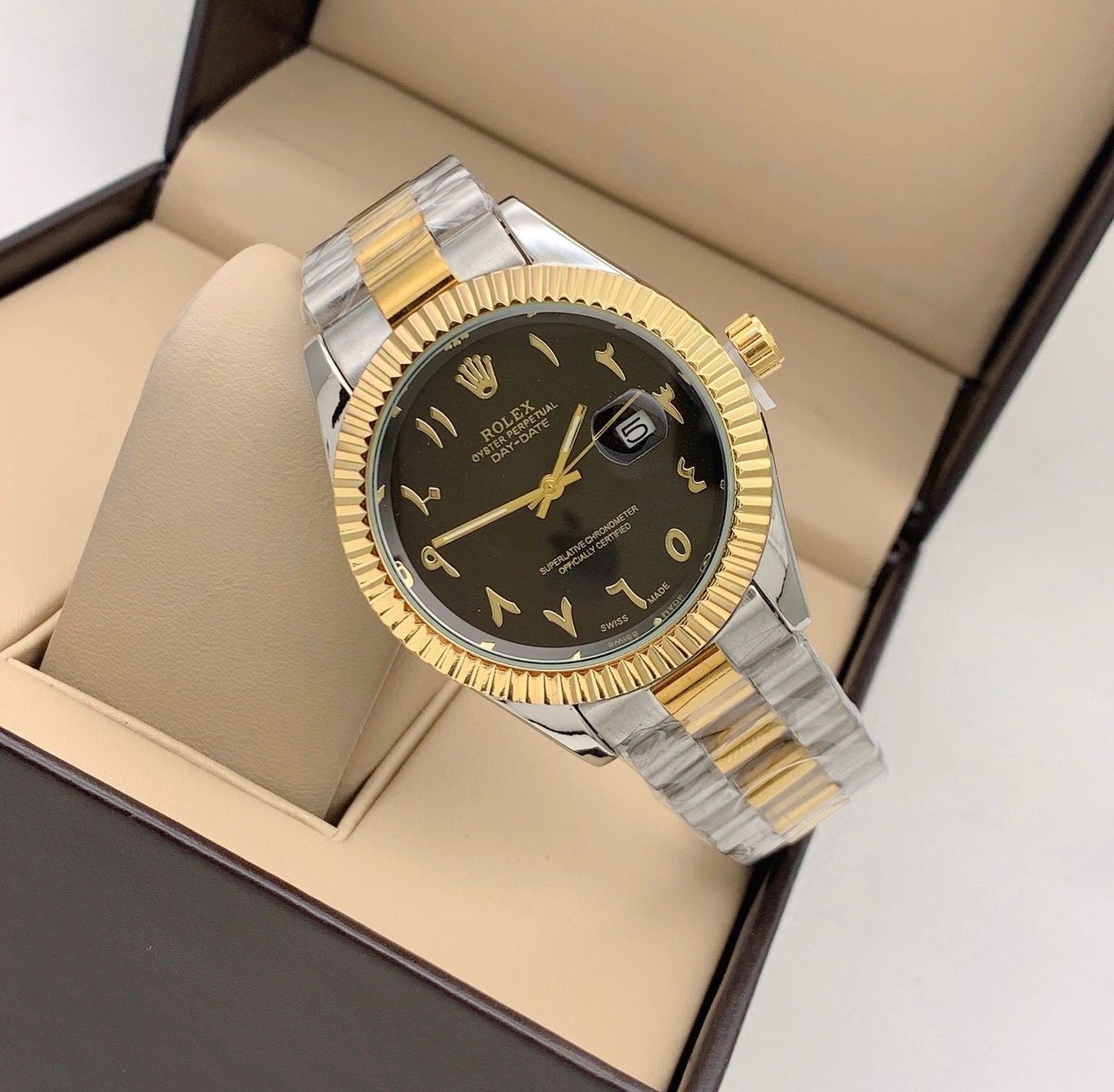 Rolex Qurtz Movement Gold Case & Black Dial Vintage Multicolor Strap Watch Men's - Best Watch For Causal Use RLX-1134