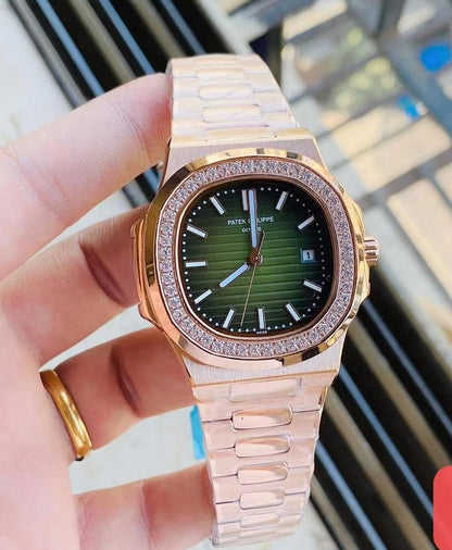 Patek Philippe Nautilus Diamond Bezel Green Dial Rose Gold Strap Mad Watch Quartz Movement Dated Watch For Men's-Best Men's Collection PK-2132