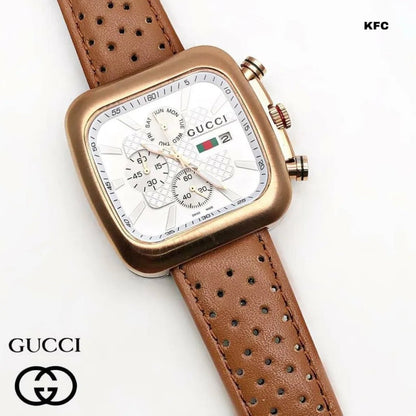 Gucci Chronograph Brown Leather Strap Men's Watch for Man GC Wt 01 White Dial Day and Date Gift Watch