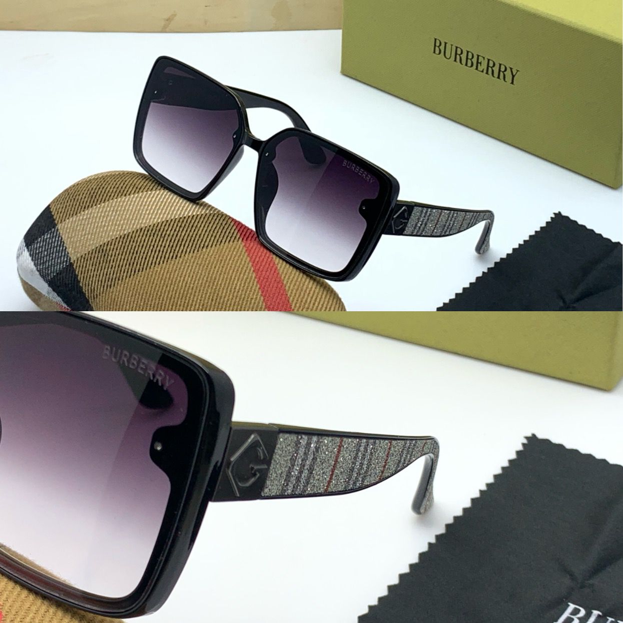 Burberry Branded Wine Transparent Glass Men's And Women's Or Girls Sunglass BB-31 Square Black Frame Bold With Bold Stick Sunglass- Best Sun Protection Sunglasses