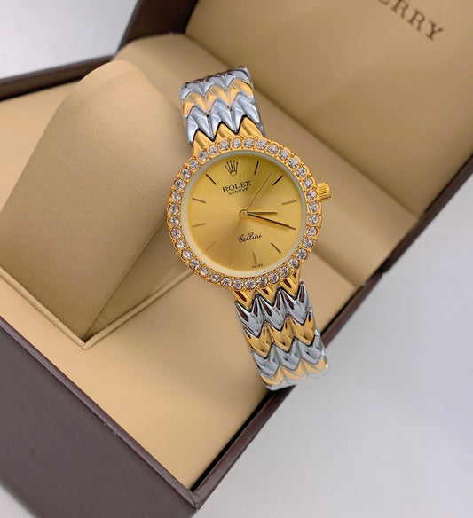 Rolex Cellini Qurtz Movement Gold Color Dial & Gold Case Vintage Multicolor Braclet Strap Watch Women Or Girls - Best Watch For Causal Use RLX-9678