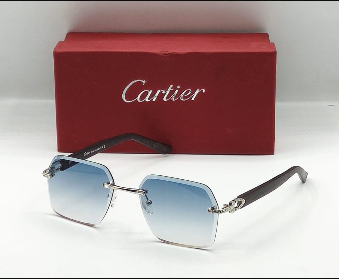 Cartier Rimless Sungalss With Blue Transparent Lense With Black Stick CRTR-S-703 Sunglass For Men's And Women's Or Girls