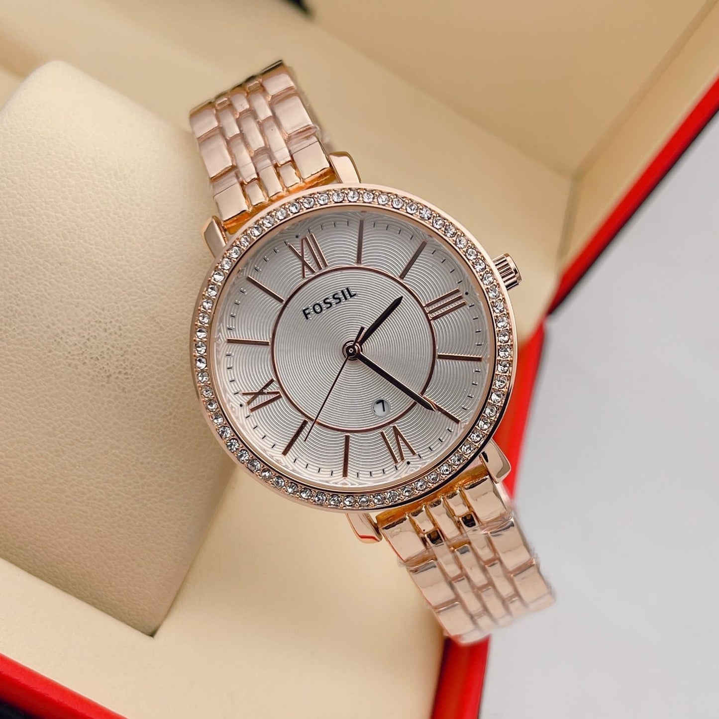 Fossil Rose Gold Metal Diamond Strap Watch For Women's Es3547 Design White Dial For Girl Or Woman Best Gift Date Watch