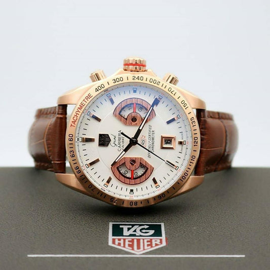 Tag Heuer Grand Carrera Luxury Watch For Men's CAV514B.FC8171 Brown Color Leather Dated Watch White Dial Leather Watch For Man- Best Formal Look Watch