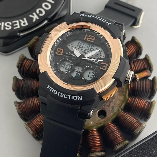 Casio G-Shock Analog Watch Dual Time In Rose Gold Color Case Black Rubber Strap And Stainless Steel Case Watch For Men -Unisex Fancy look premium quality G-504