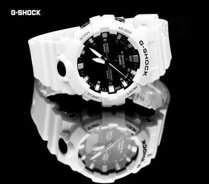 Casio G-Shock Mid-Size Analog Digital 200M Super illuminator Watch GA-800SC-7A Black Dial White Strap