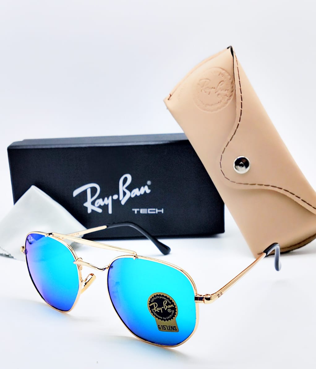 Rayban Brand New stylish Men's Sunglass Heavy Quality Sky Blue Color Glass With Golden And Black Frame RB-1111