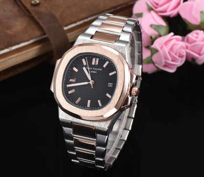 Patek Philippe Nautilus Mad Watch Quartz Movement Black Dial Silver And Rosegold Strap Dated Watch For Men's-Best Men's Collection PP-2465