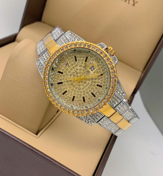 Rolex Analog Diamond Set Watch Royal Multicolor Strap Stainless Steel With Gold Color Diamond Dial RLX-8092