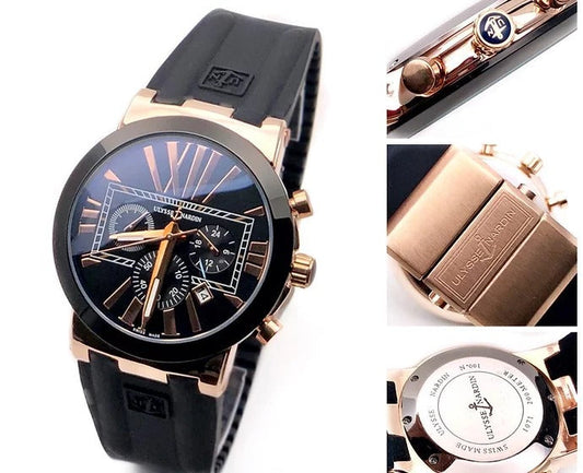 Ulysse Nardin UN-3496 Silicon Chronograph Black Banded Formal Men's Watch With Gold Dial Best Gift for Men's