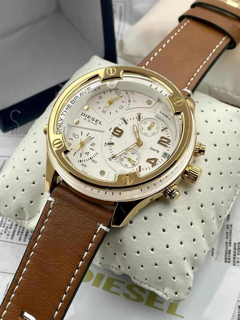 Diesel Chronograph Dated Watch With Brown Color Stainless Steel With White Dial With Gold Case Watch, DZ-7416 -Best Watch For Formal look