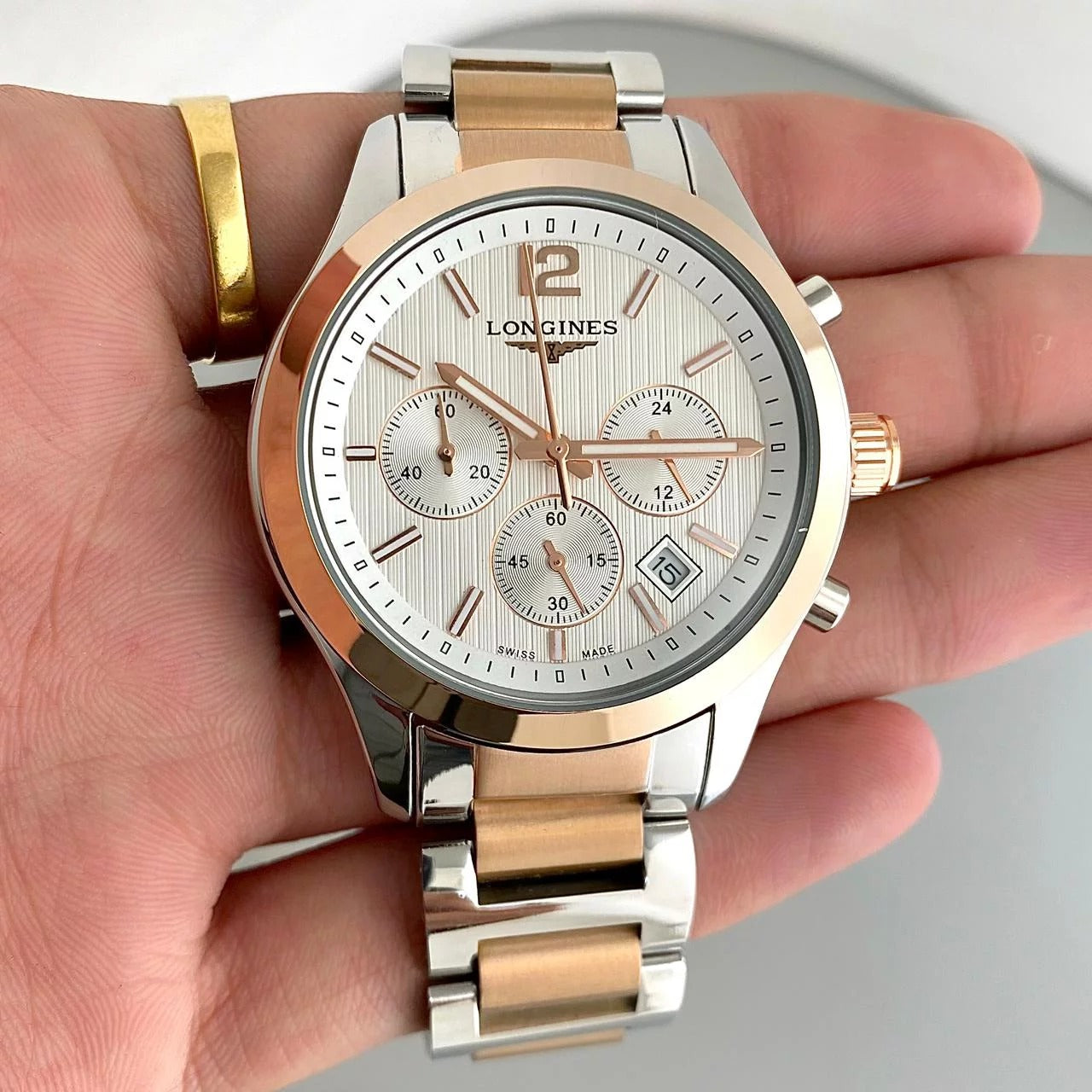 Longines Chronograph Working Men's Watch With Gold & Silver Belt And White Dial Dated Watch For Men's  LGN-L2-786