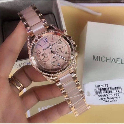 Michael Kors Chosmogragh Watch With Rose Gold Metal Case & Pink Dial Dated Multicolor Strap Watch For Women's Design For Girl Or Woman Best Gift Date Watch- MK-5943