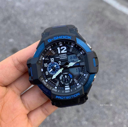 Casio G-Shock Analog RAVITYMASTER Twin Sensor World Time Digital Men Black Analogue and Digital watch With Metal Case Watch For Man Day And Date Gift Watch GA-1100-2B