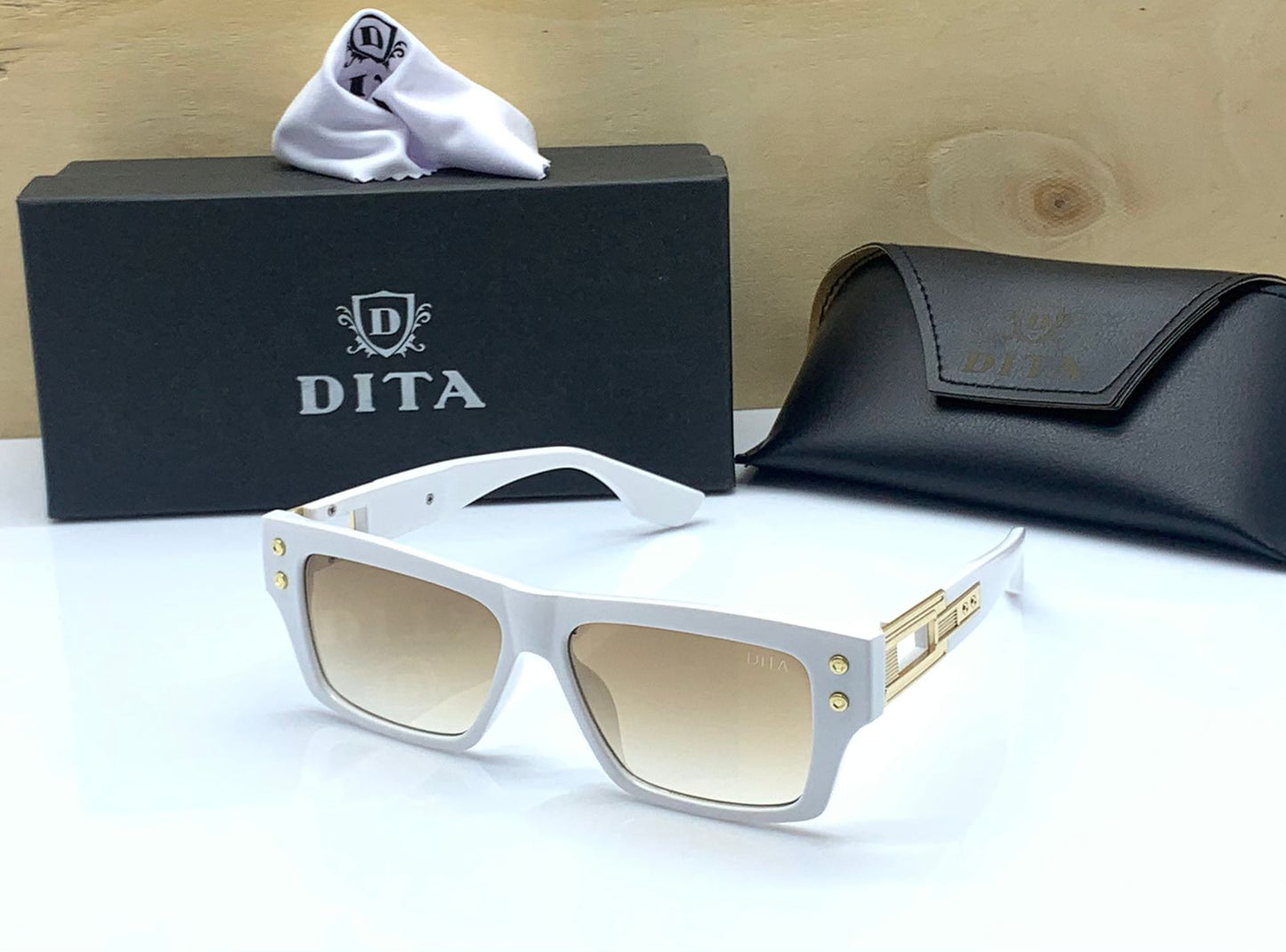 Dita Transparent Man's Women's Sunglass GRANDMASTER SEVENDTS407A-02 Golden And White Stick With White Frame Genuine Gift Sunglasses DT-407