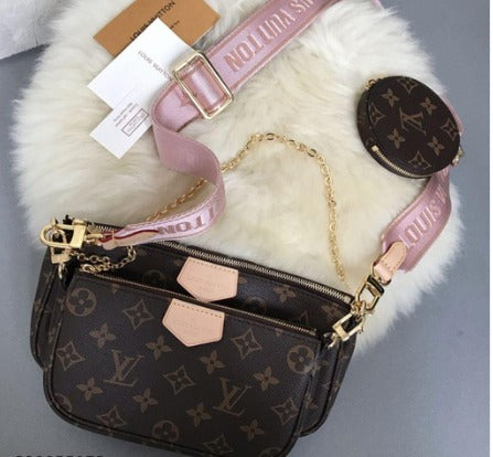 LOUIS VUITTON Cross Body Handbag In Stunning Brown Checks Pattern Pink Color Belt Women's Or Girls Bag Along with sling- Stylist Daily Use Bag LV-2873