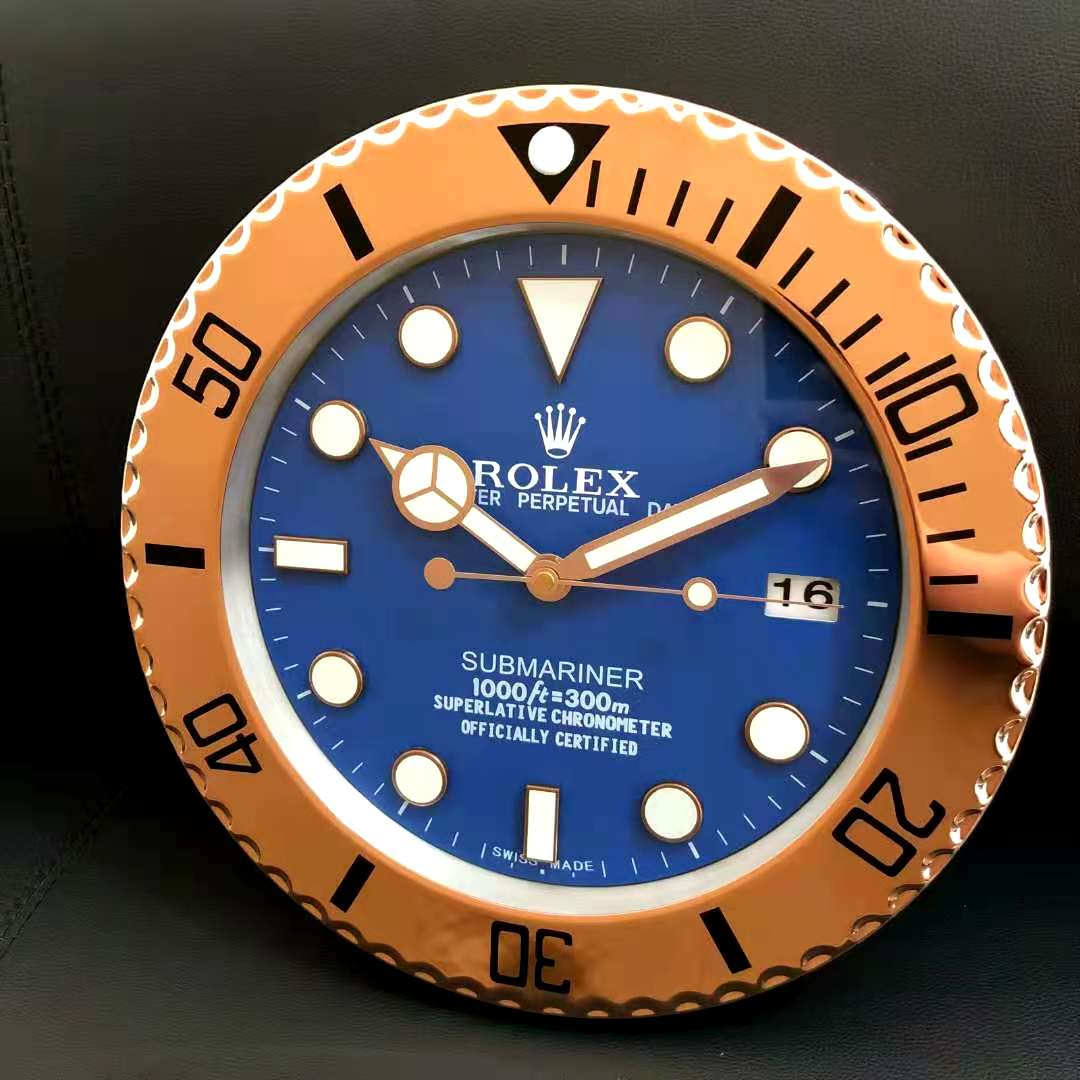 Rolex Wall Clock Quartz Analog Dated Design Metal Art Wall Clock Luminous Function Gold Case BLue Dial Metal Home Decor Wall Clocks Inspired By Submariner II Dated Wall decording Clock- Classy Look Clock For Home D cor Wall RLX-WC-906