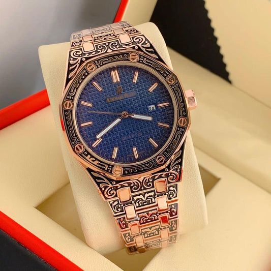 Aude mars Quartz Movement New Arrival Piguet Royal Oak Grande Fleur Engraved Extra-Thin In A Luscious New Plum Tone Dial For Man With Blue crocodile Dial Rose Gold Design Metal Watch AP-60-oak