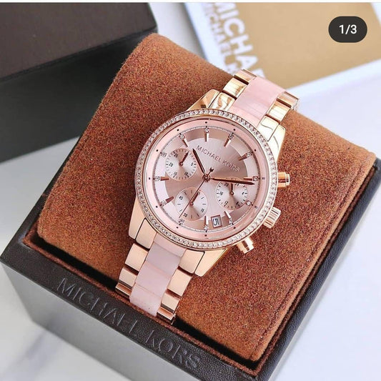 Michael Kors Rose Gold Multicolour Strap Tone Stainless Steel Chronograph Women's Watch For Girl Or Woman MK-6307 Best Gift Watch