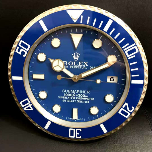 Rolex Wall Clock Quartz Analog Dated Design Metal Art Wall Clock Luminous Function Blue Dial With Metal Blue Case Home Decor Wall Clocks Inspired By Submariner II Dated Wall decording Clock- Classy Look Clock For Home D cor Wall RLX-WC-804