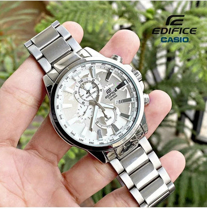 Casio Edifice Chronograph White World Design Dial Silver Metal Men's Watch EFR-305-best Gift