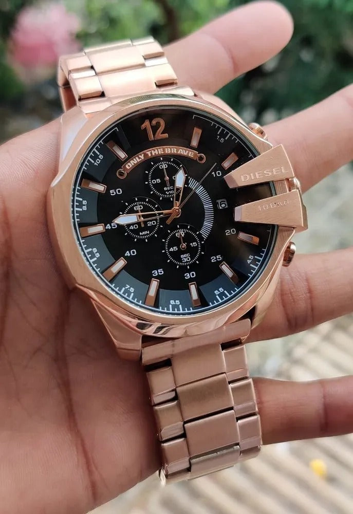 Diesel Mega Chief Chronograph Full Rose Gold Black Dial Men's Watch For Man DZ-10065 Gift