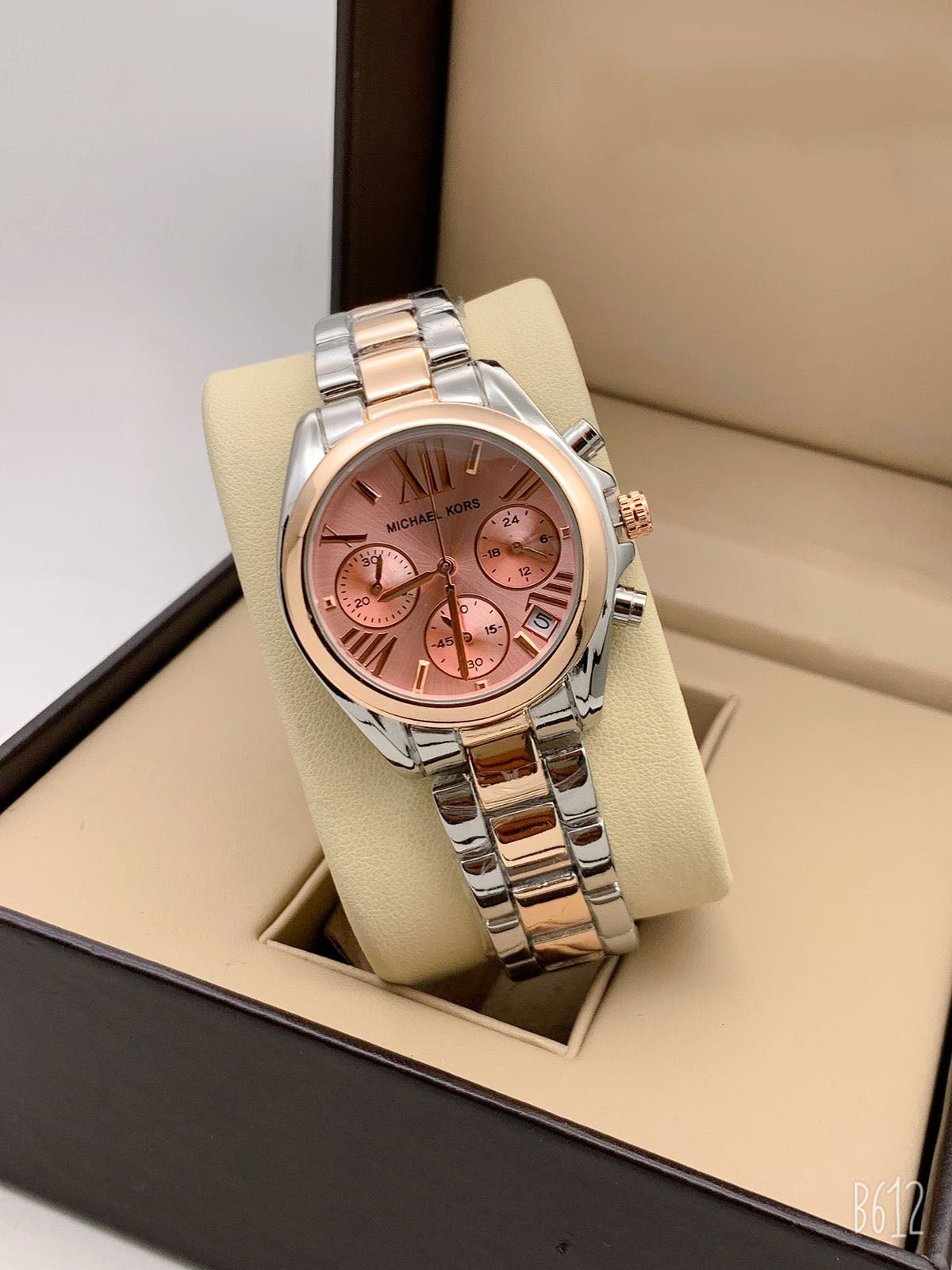 Michael Kors Chronograph Silver And Golden Strap Watch for Girl or Women Rose Gold Dial MK-7493