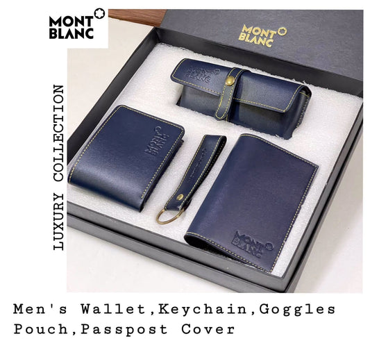 Mont Blanc Branded 4 in 1 Leather Corporate Gift Set In a Blue Color with Sunglass Cover, Wallet, Card Holder and Metal Keychain Gift for Boss, Birthday Gift for Friend/Colleague And Many More MB- SET-Blue