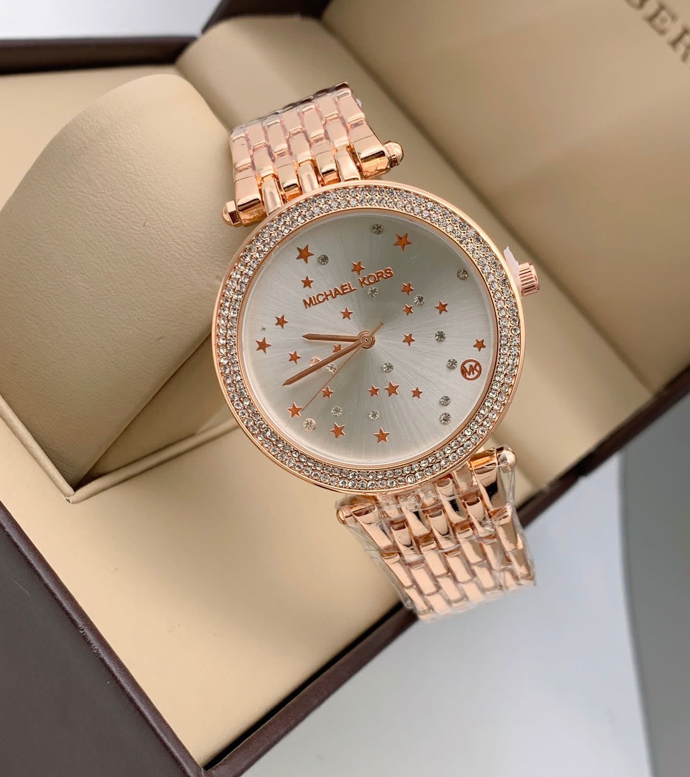 Michael Kors Golden Color Metal Diamond Case & Strap Watch For Women's MK-3726 Design Silver Dial For Girl Or Woman Best Gift Date Watch