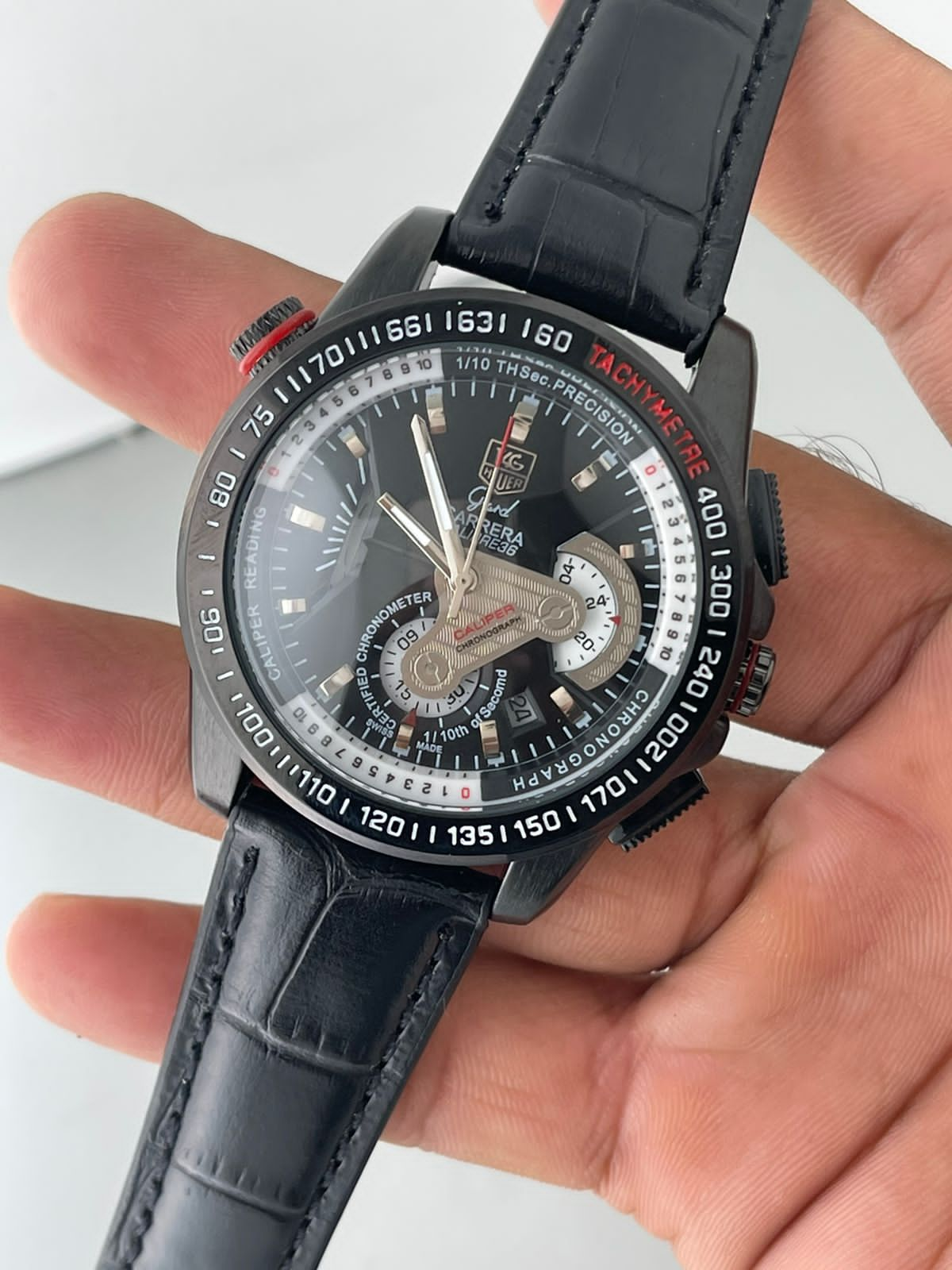 Tagheuer GRAND CARRERA Caliber 36 Racing Edition Quartz Watch Black Chronograph and Leather Black Strap Dated Watch For Men's -TAG-IT-7878_Men's Wristwatch