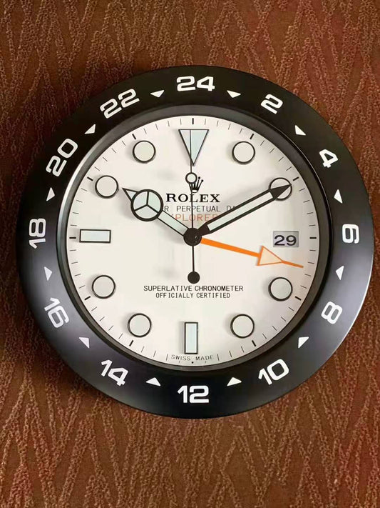 Rolex Wall Clock Explorer II Wall Clock White Dial Sky Blue Markers Qurtz Dated Clack Black And WHite Bezel Design Metal Art Wall Clock Home Decor Wall Clocks- Classy Look Clock For Home D cor Wall RLX-WC-9021