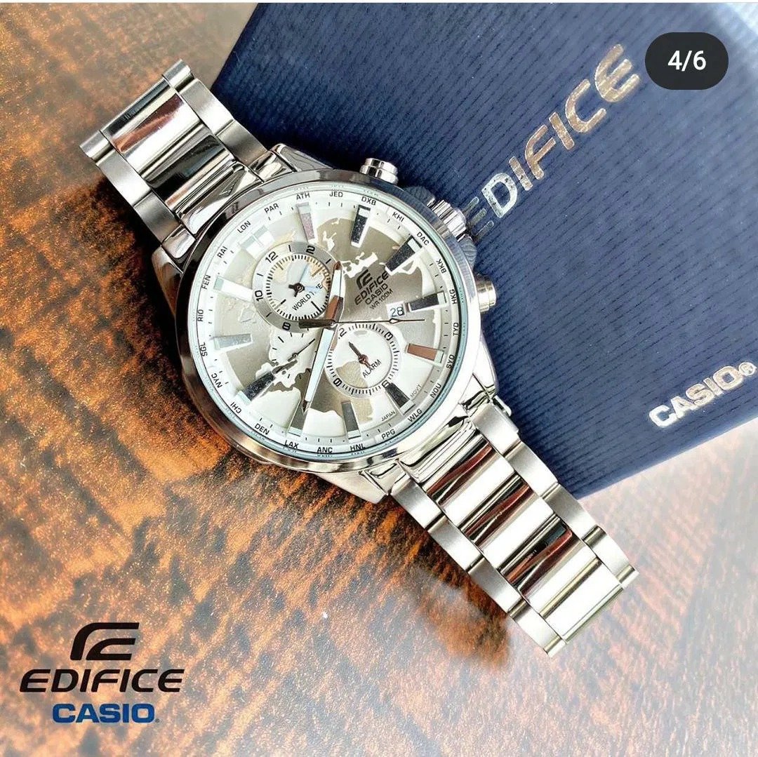 Casio Edifice Chronograph White World Design Dial Silver Metal Men's Watch EFR-305-best Gift