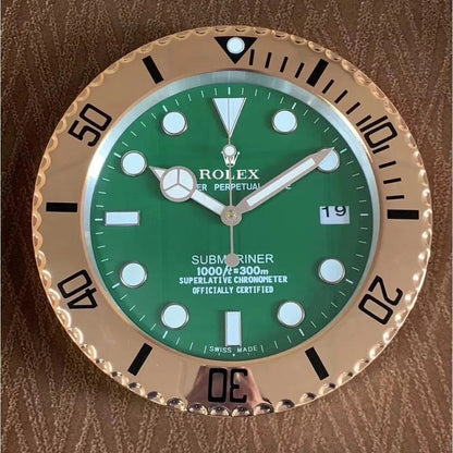 Rolex Wall Clock Quartz Analog Dated Design Metal Art Wall Clock Luminous Function Gold Case Green Dial Metal Home Decor Wall Clocks Inspired By Submariner II Dated Wall decording Clock- Classy Look Clock For Home D cor Wall RLX-WC-907