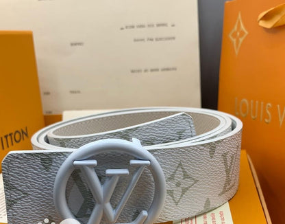 Louis Vuitton White Color Leather Men's Women's LV-BLT-109 Waist Belt for Man Woman or Girl Gold Circle LV Silver Buckle Gift Belt