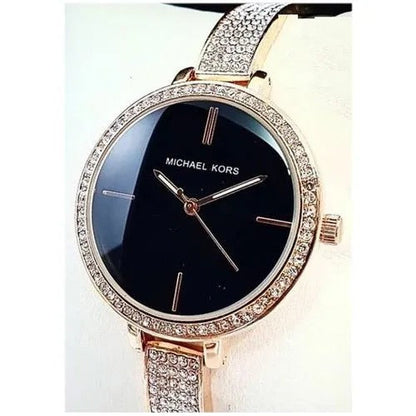 Imported Gold Womens Mk-2134 (Bangle) Watch For Girl Or Woman Black Dial Diamond - Diwali Festive Sale