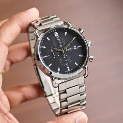 Fossil Silver Stainless Steel Strap Watch For Mens FS-S-BLACK Design Black Dial For Man Best Gift Date Watch