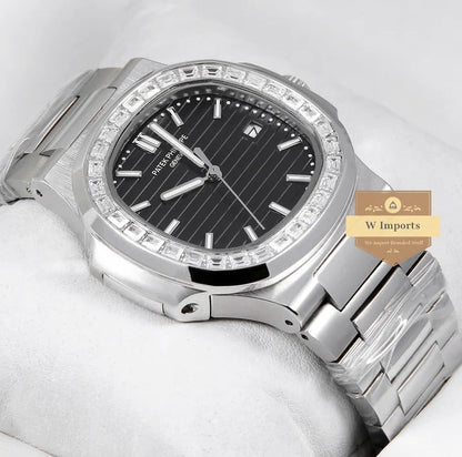 Patek Philippe Nautilus Diamond Bezel Black Dial Silver Strap Mad Watch Quartz Movement Dated Watch For Men's-Best Men's Collection PK-2139