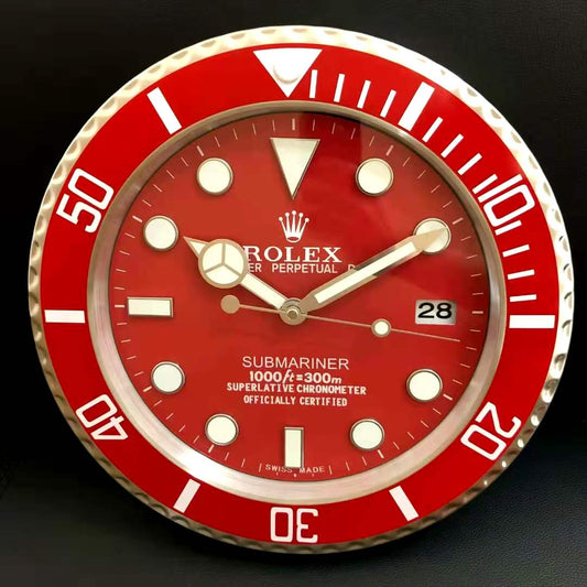 Rolex Wall Clock Quartz Analog Dated Design Metal Art Wall Clock Luminous Function Gold Case & Red Dial Metal Home Decor Wall Clocks Inspired By Submariner II Dated Wall decording Clock- Classy Look Clock For Home D cor Wall RLX-WC-802