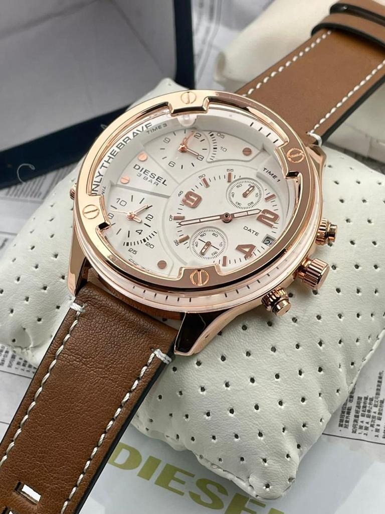 Diesel Chronograph Dated Watch With Brown Color Stainless Steel With White Dial With Rose Gold Case Watch Dz-7615-Best Watch For Men