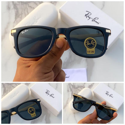 Rayban Branded Stylish Men's Sunglass Black Color Glass With Golden Frame RB-382