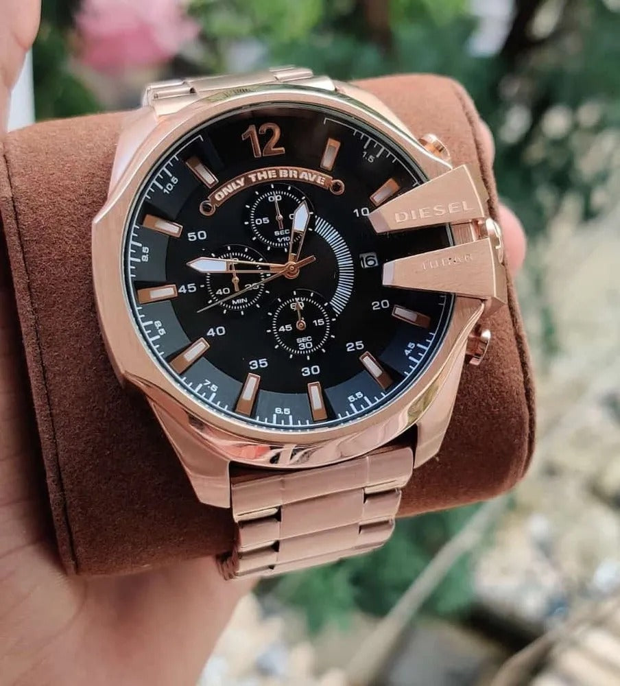 Diesel Mega Chief Chronograph Full Rose Gold Black Dial Men's Watch For Man DZ-10065 Gift