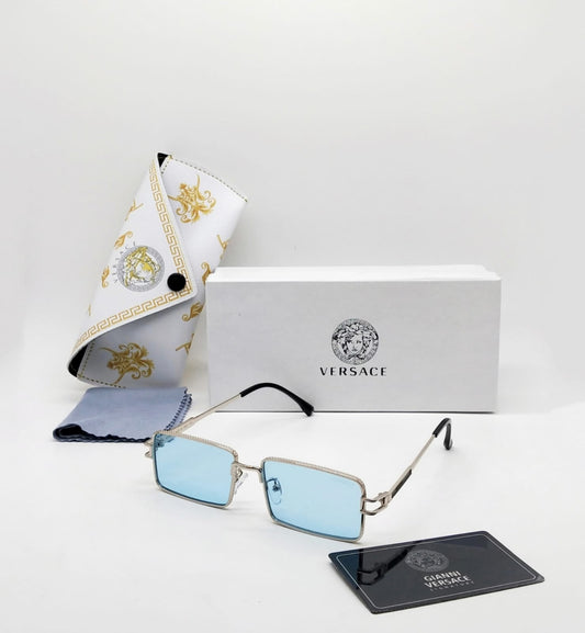 Versace Ver-Col-946 Rectangle Metal Sunglasses Mod Transparent Blue Lens Sunglasses For Men For Women With Black Stainless Steel Stick Sunglass